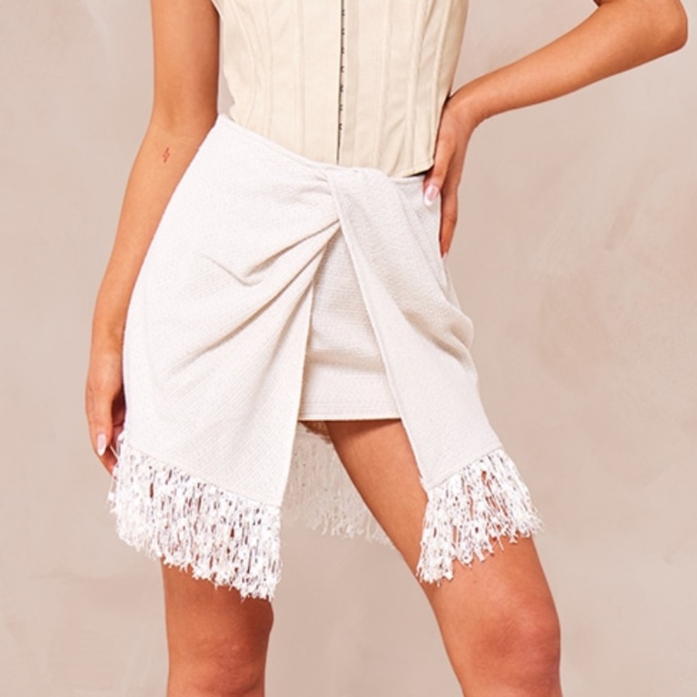 White Boucle Tassel Hem Drape Front Mini Skirt